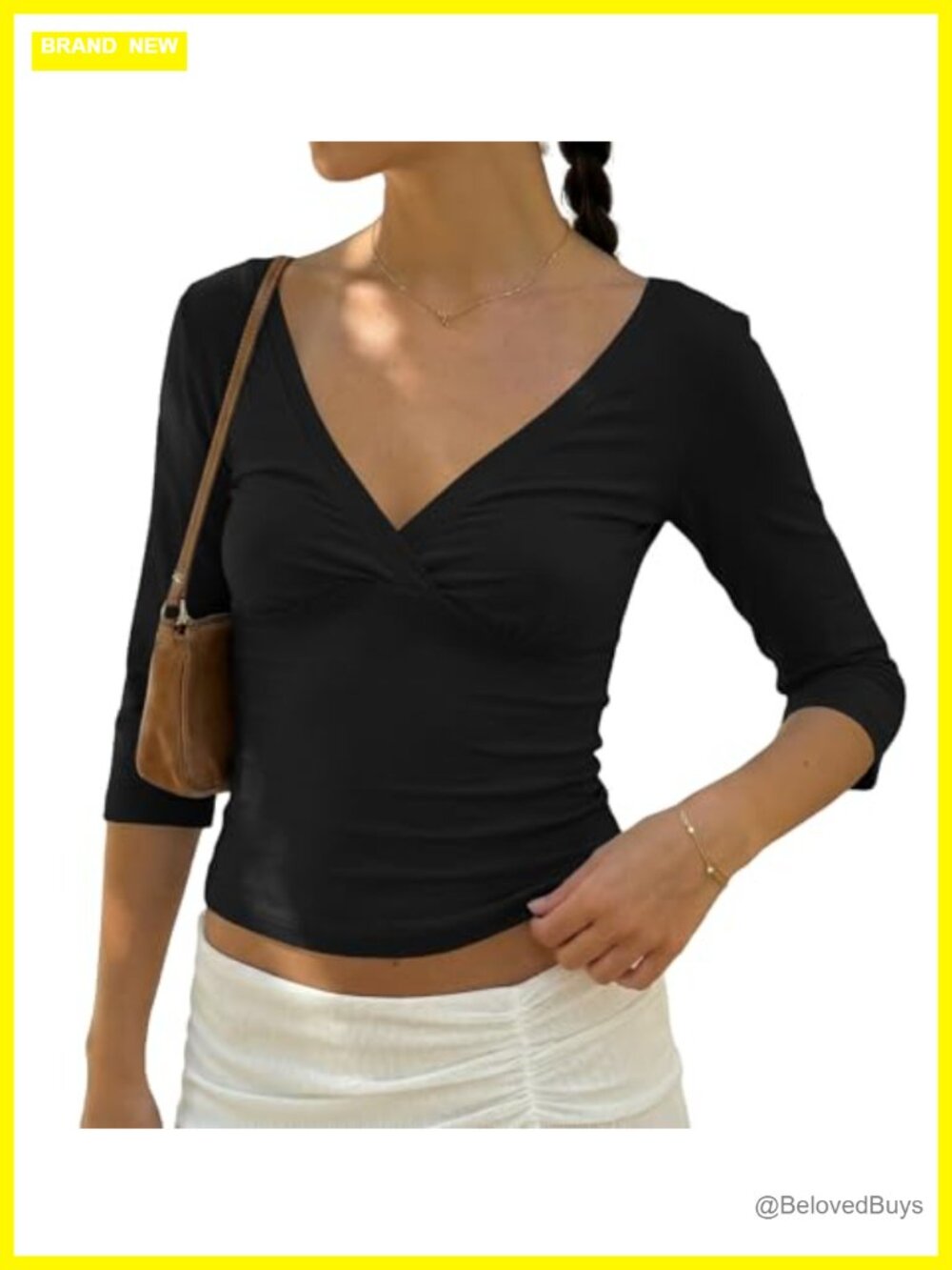 Women 3/4 Sleeve Wrap V Neck Crop T-Shirt Slim Fit Open Back Y2K Tee